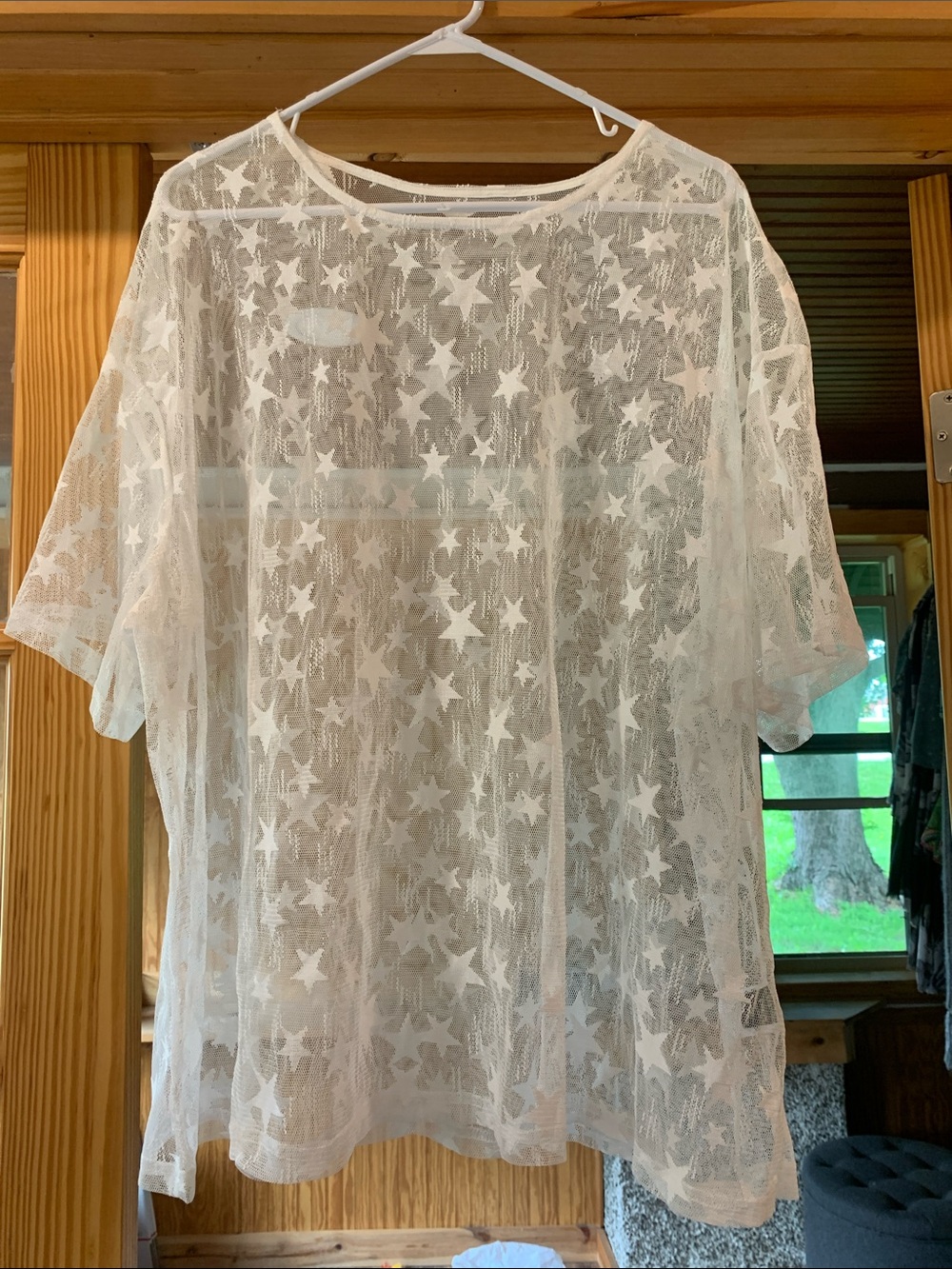 Women's Shein Sheer Star Pattern Mesh White Relaxed Short Sleeve T-shirt Top 3XL